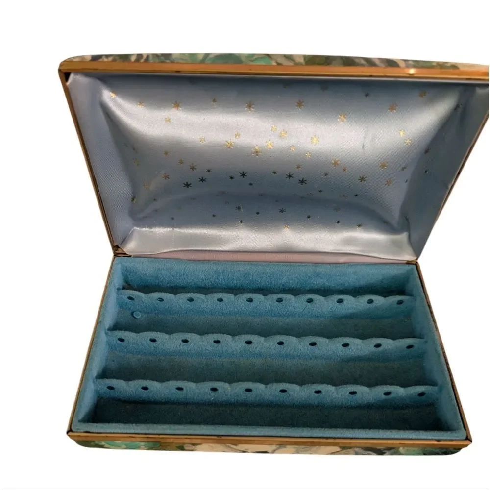 Vintage MCM Blue Green Floral Travel Jewelry Box‎ Clamshell